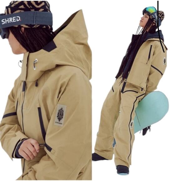 NEW W Tags Free People ZEPHYR SKI PANTS XS SNOW SUIT BIBS TAN BLACK WINTER SHELL - Picture 2 of 7